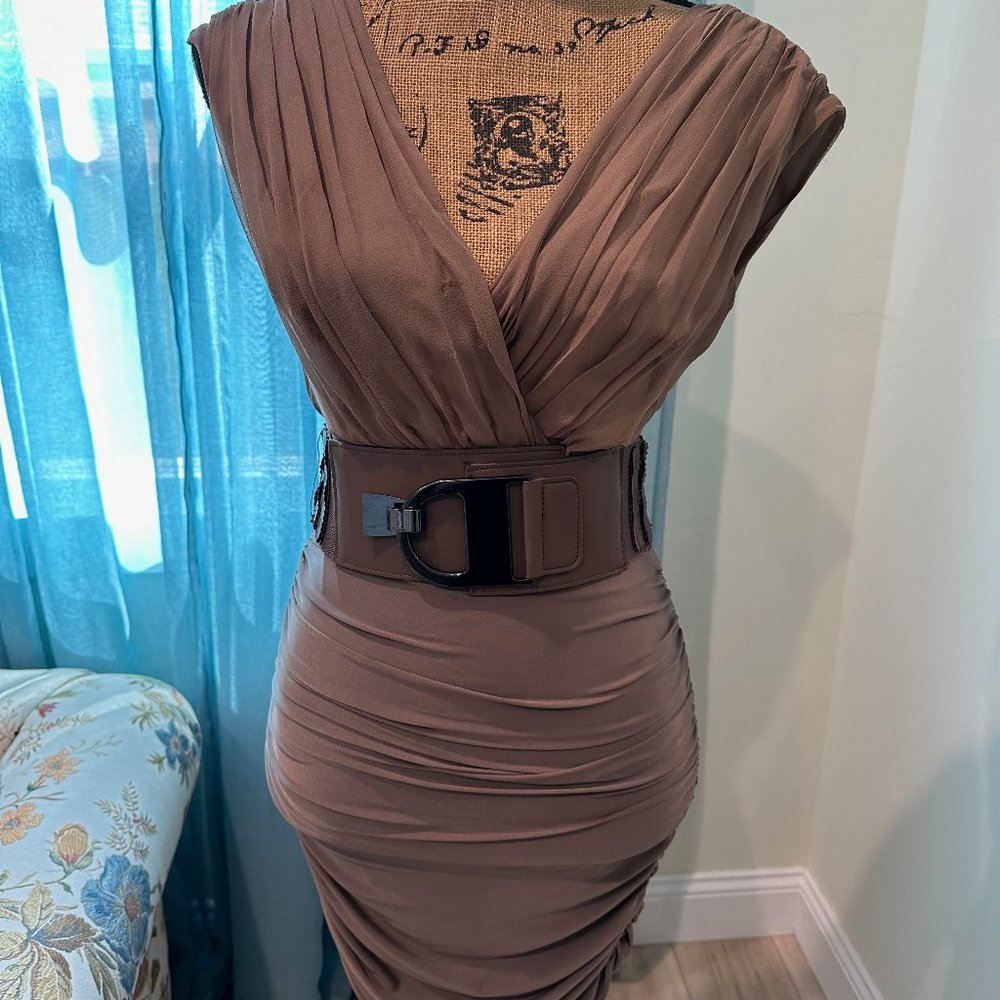bebe Taupe Ruched V-Neck Mini Dress with Statement Belt